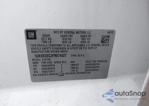 2015 Chevrolet Tahoe Commercial Fleet from USA, damaged, VIN 1GNSK3EC2FR674427